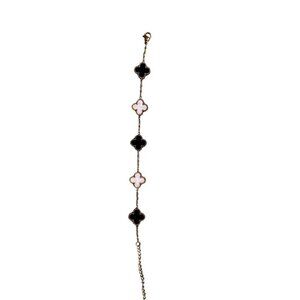 WOMENS PLATED GOLD BLACK/ WHITE CLOVER IRISH SHAMROCK STAINLESS STEEL BRACELET,
